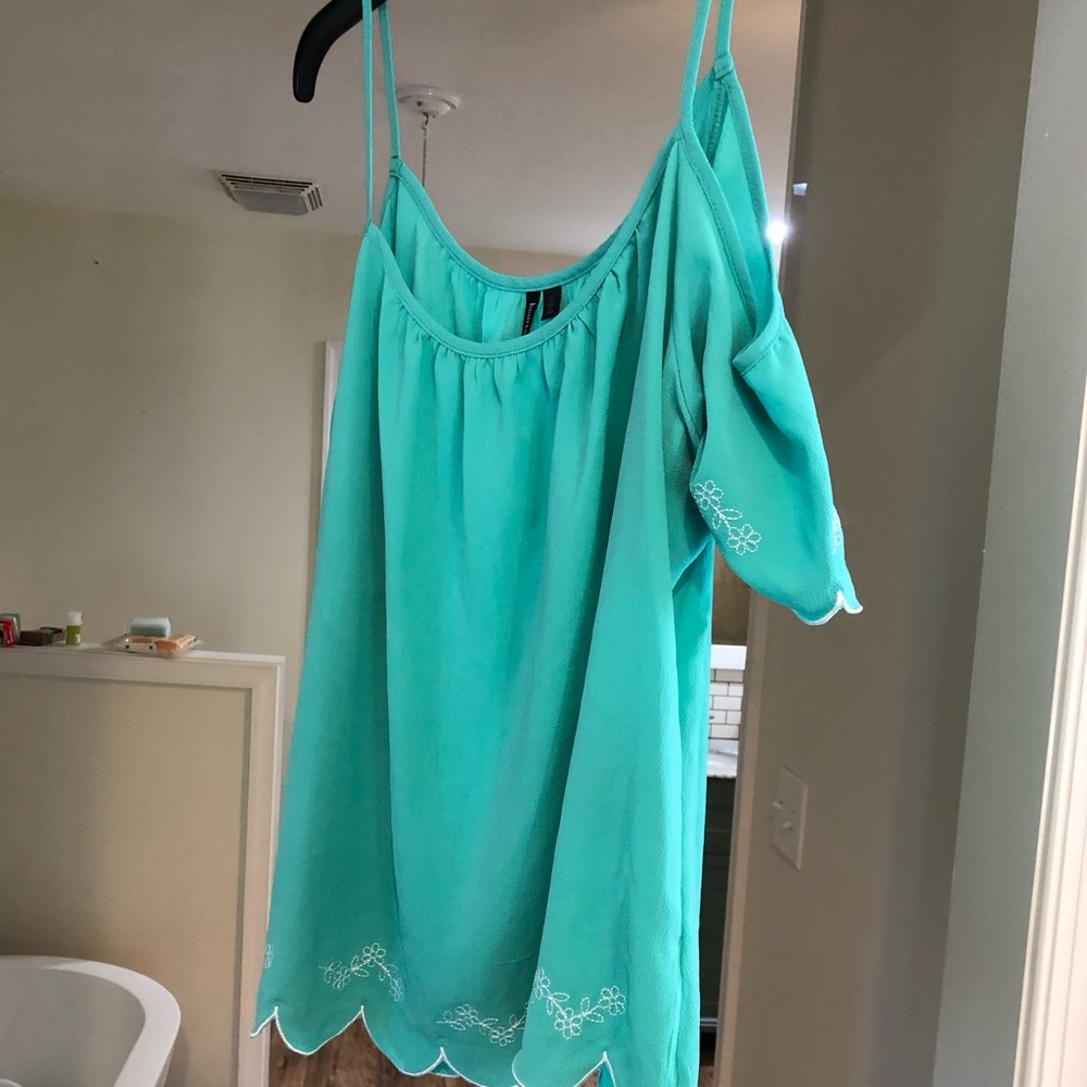 Teal green cold shoulder top